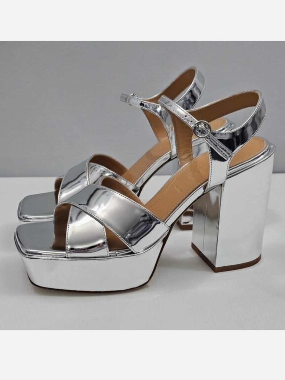 Aeyde Platform Block Heel Sandal Women EU 39 Metallic Silver Leather Ankle Strap